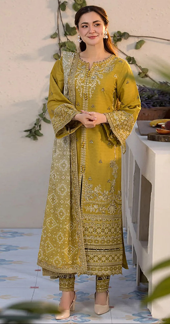 UNSITICH CLOSSY EMB 3PC SUIT WITH PRINTED SHAWL