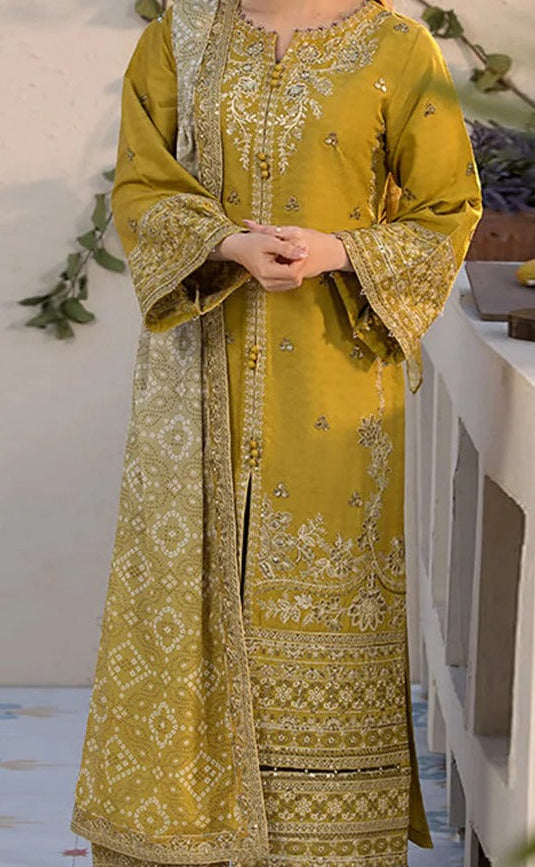 UNSITICH CLOSSY EMB 3PC SUIT WITH PRINTED SHAWL