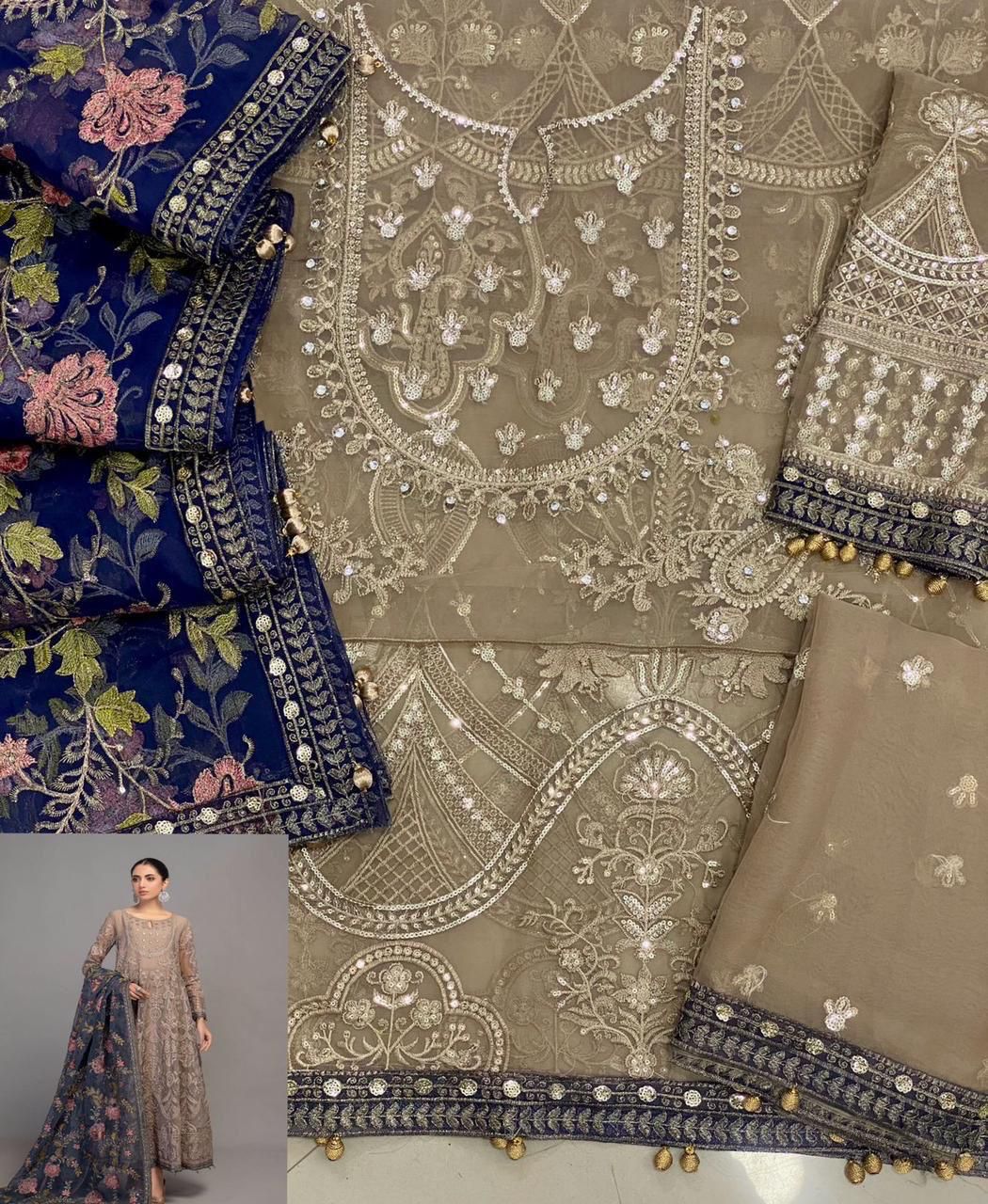 FABRIC ORGANZA  Heavy Embroidered Body With Stone Work